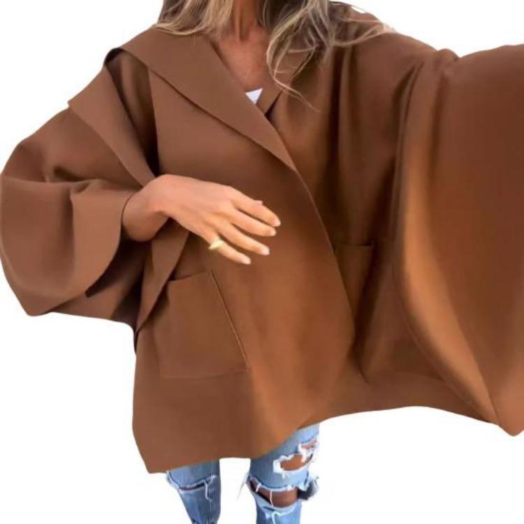 

Thermal Hooded Cape Jacket for Women Loose Open Stitch Design Three Quarter Sleeve with Pockets Spring Fall Winter Hiking Workout Coat Solid Color M дубильная кора