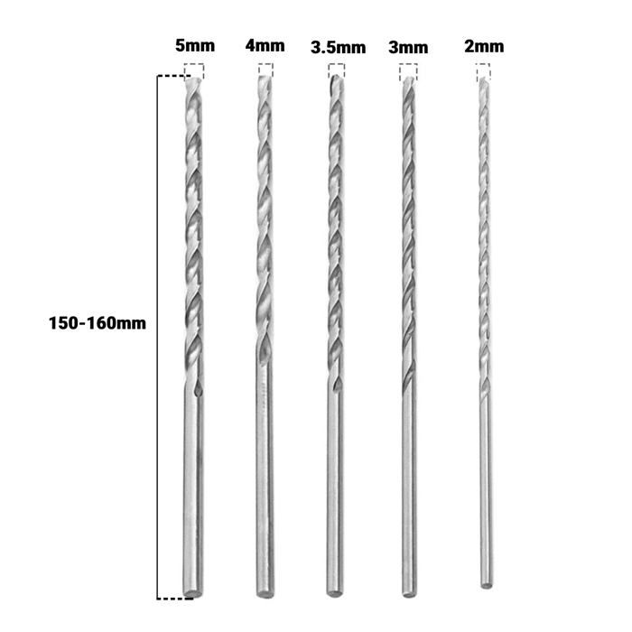 Forets hélicoïdaux extra-long HSS - Lot de 5 (2, 3, 3,5, 4, 5 mm) pour bois, plastique, aluminium