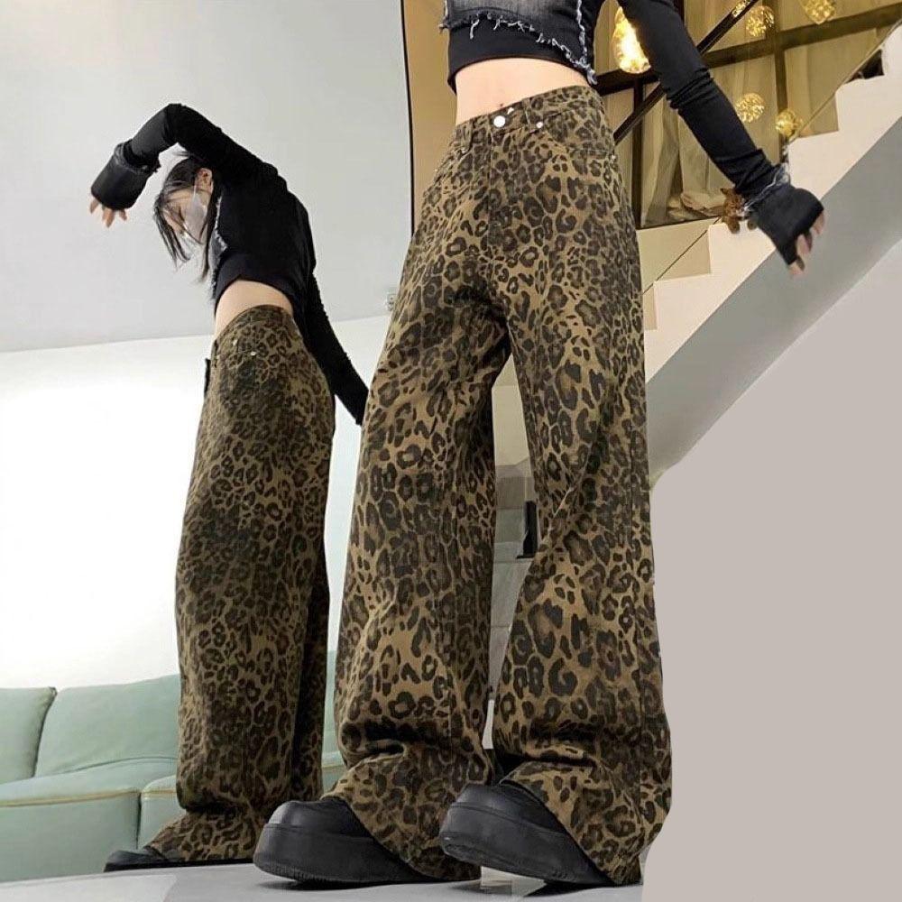 Baggy Leopard Print Jeans Straight Leg Cowboy Pants Fashion Jeans Women Y2k  Lady