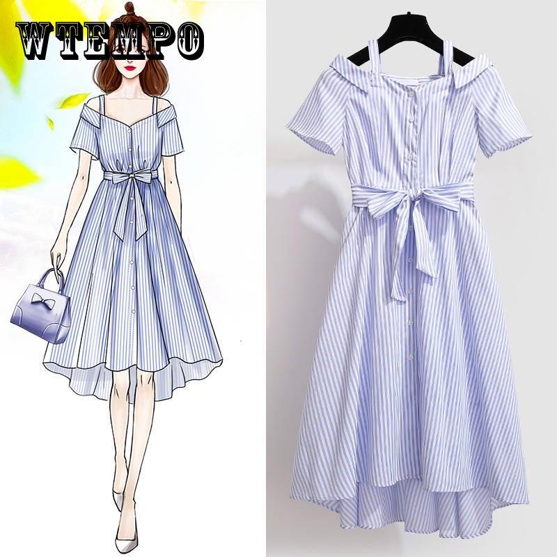 

WTEMPO повседневное платье-рубашка с коротким рукавом и полосатым принтом, летнее женское свободное платье средней длины с открытыми плечами, плиссированное платье на бретелях и поясом