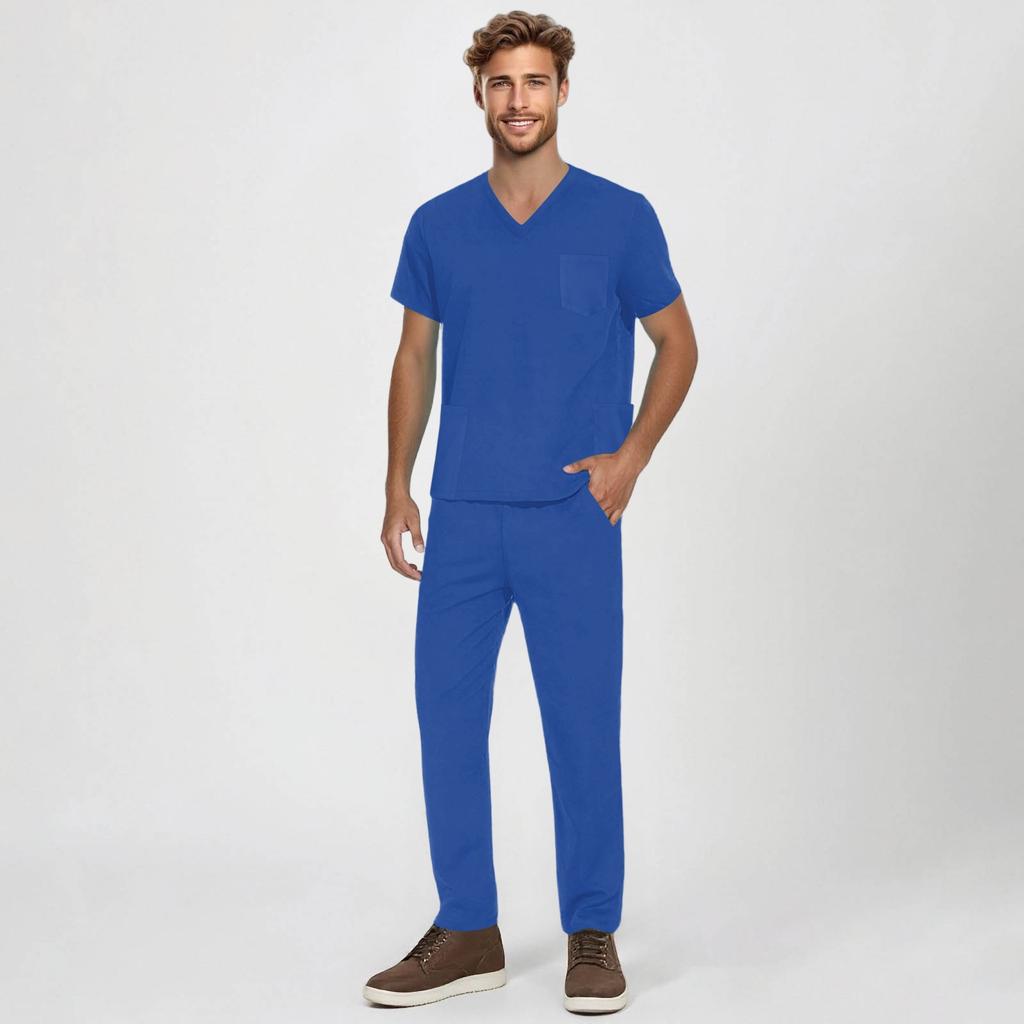Men's Short-sleeved V-neck Solid Color Printed Breast Pocket Care Top Elastic Waist Trousers Two-piece Work Suit