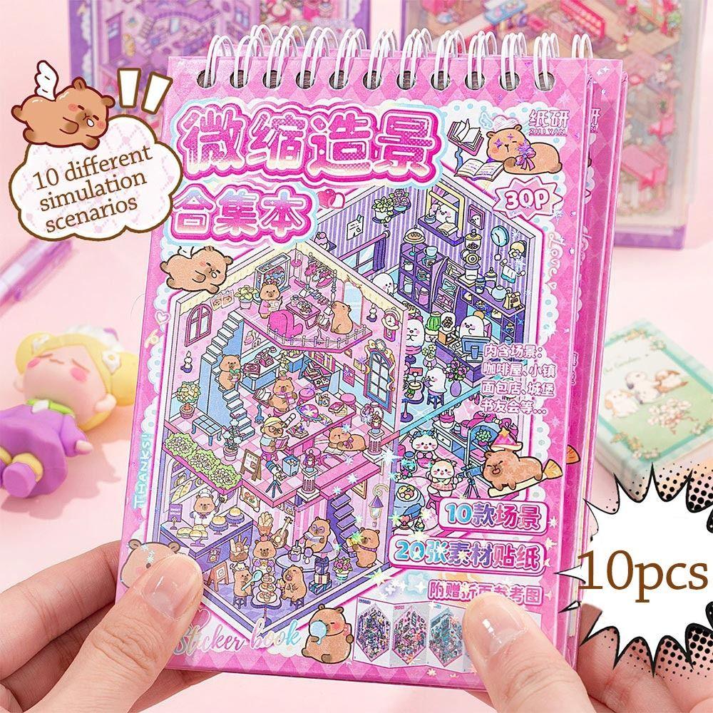 Kawaii PET Miniature Scene Collection Visual Stacking Cartoon 3D Pocket Cabin Scene Stickers DIY 3D Landscape Sticker Book Kids