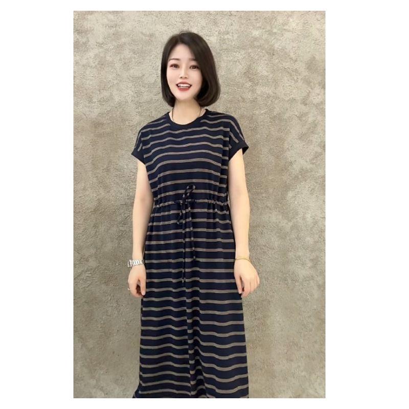 

Knitted Long Sweater Dress! Women Summer round Neck Raglan Sleeve Stripe over the Knee Lace-up Pocket Dress Sweat-Absorbent Breathable Blue 4XL
