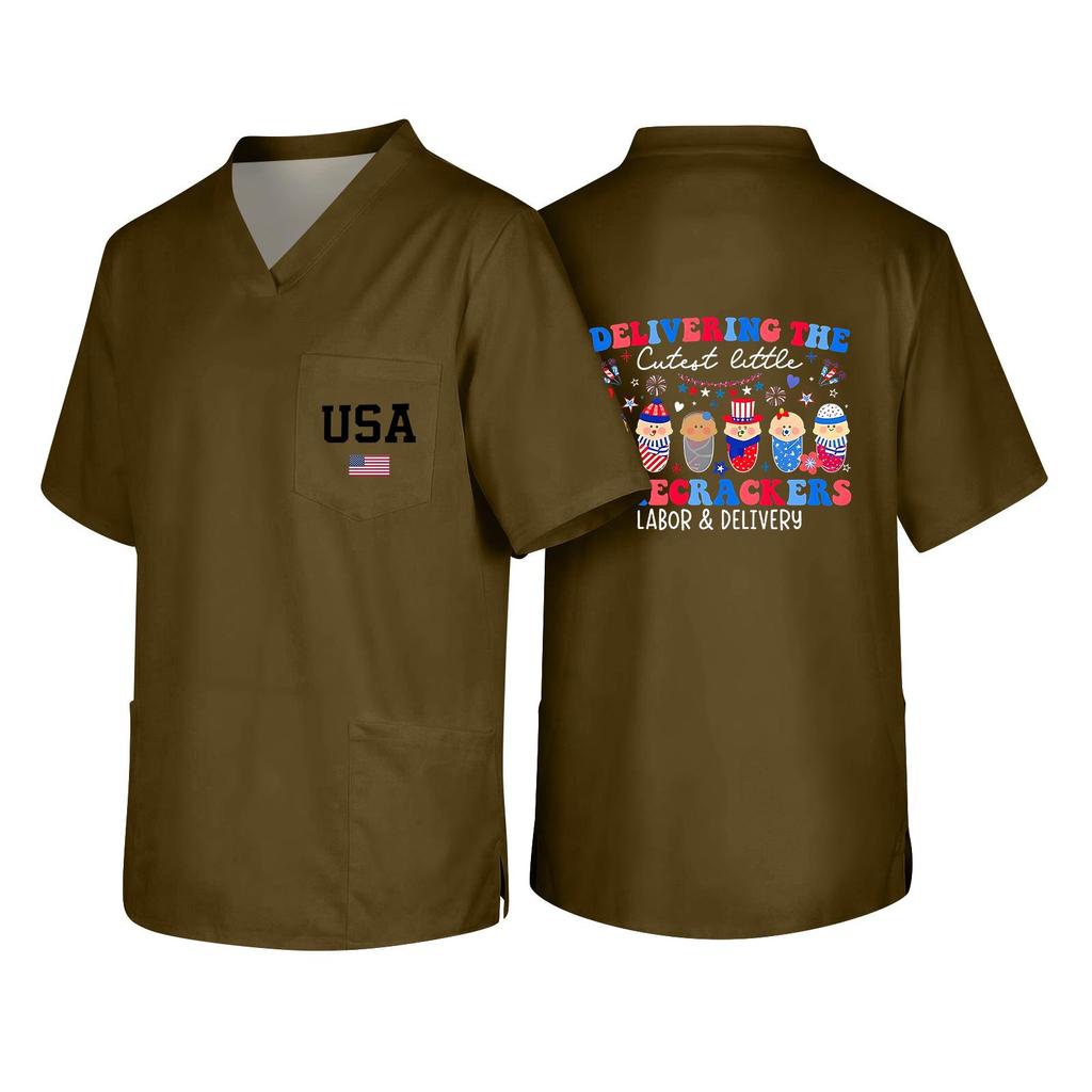 Men's V Neck Work Shirt Short Sleeve Pocket Top with USA Print Suitable for Healthcare and Labor Day Uniforms