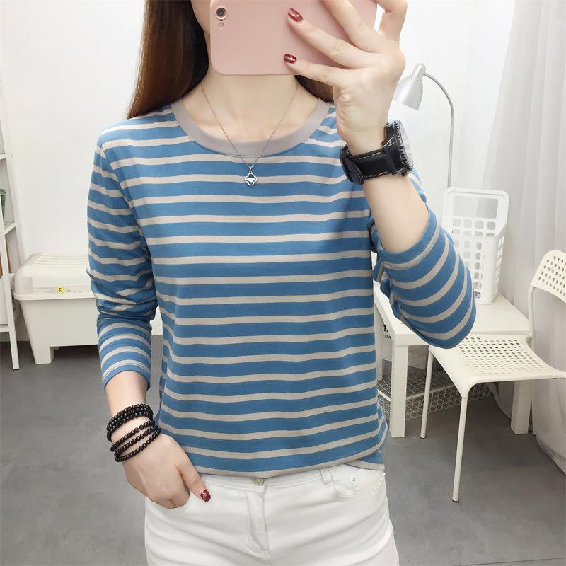 Women's Plus Size Striped Long Sleeve Cotton T-Shirt - Autumn Collection for Middle-Aged Moms