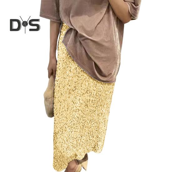 

Женская юбка макси с высокой талией, однотонный дизайн, длинная юбка с пайетками, утягивающая ноги юбка S золотистый