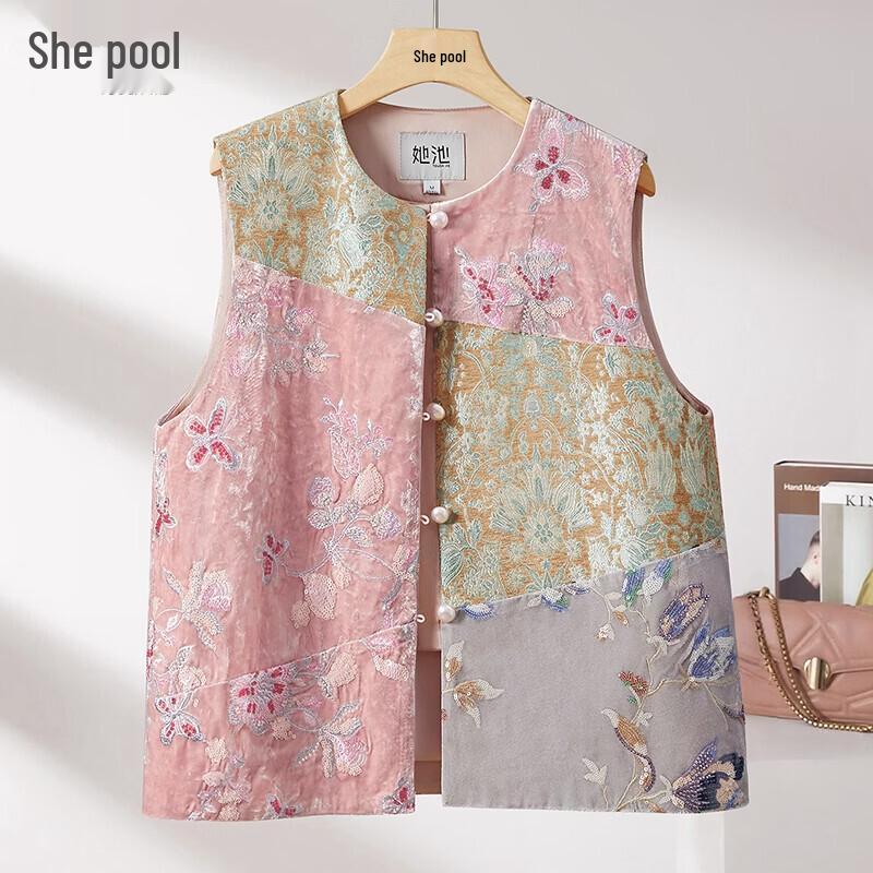 Women s Chinese Style Patchwork Round Neck Vest L