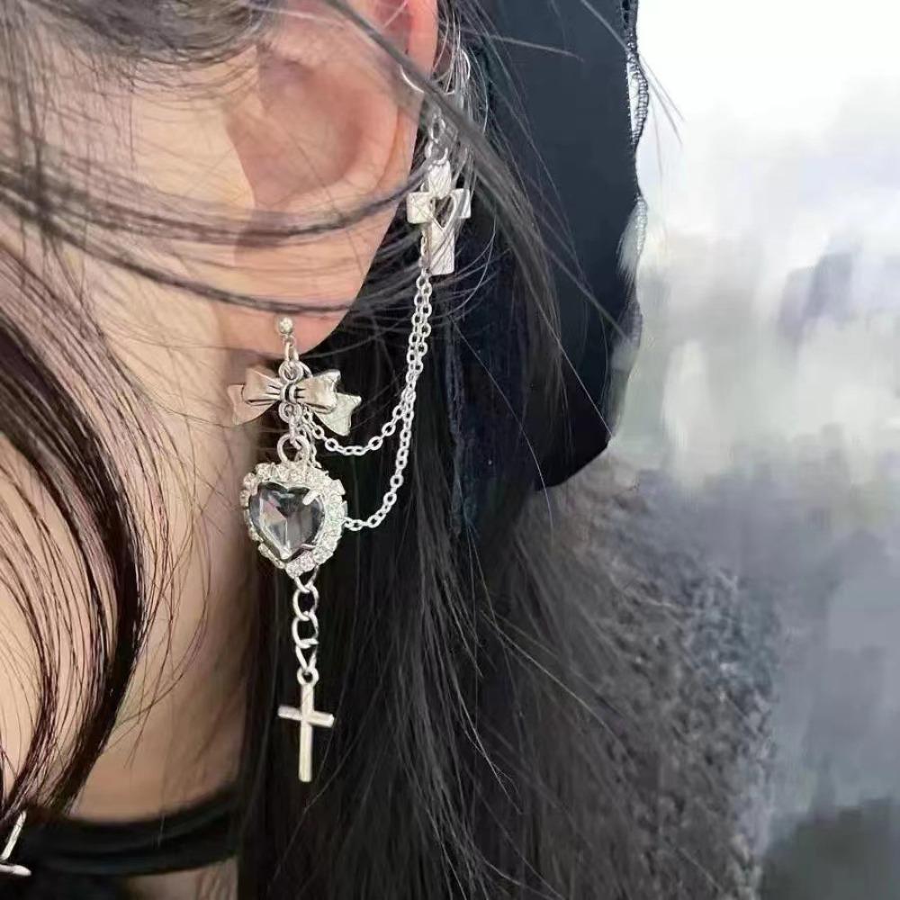 Exquisite Punk Sliver Color Bowknot Cross Crystal Heart Tassel Pendant Stud Earrings Connect Ear Bone Clip for Women Y2k Jewelry