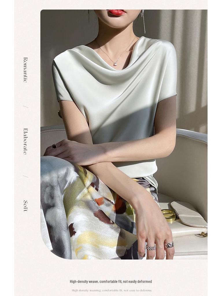 T-shirt à manches courtes et col français en satin de soie pour femme, printemps/été 2024, grande taille