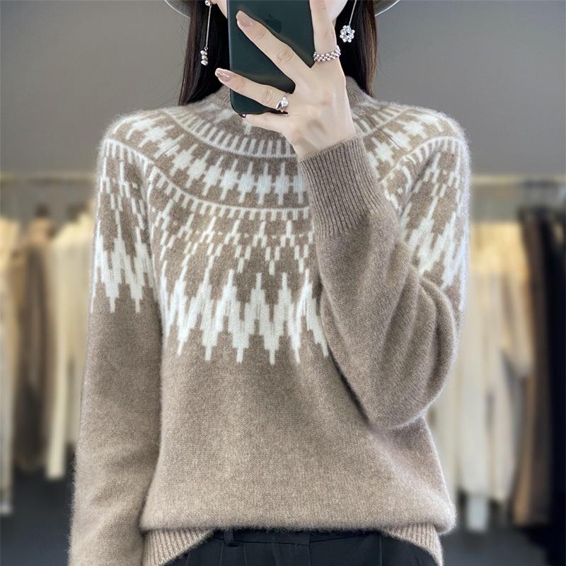 Women's Retro Jacquard Wool Sweater - Thick Loose Fit with Half-High Collar & Long Sleeves for Fall/Winter