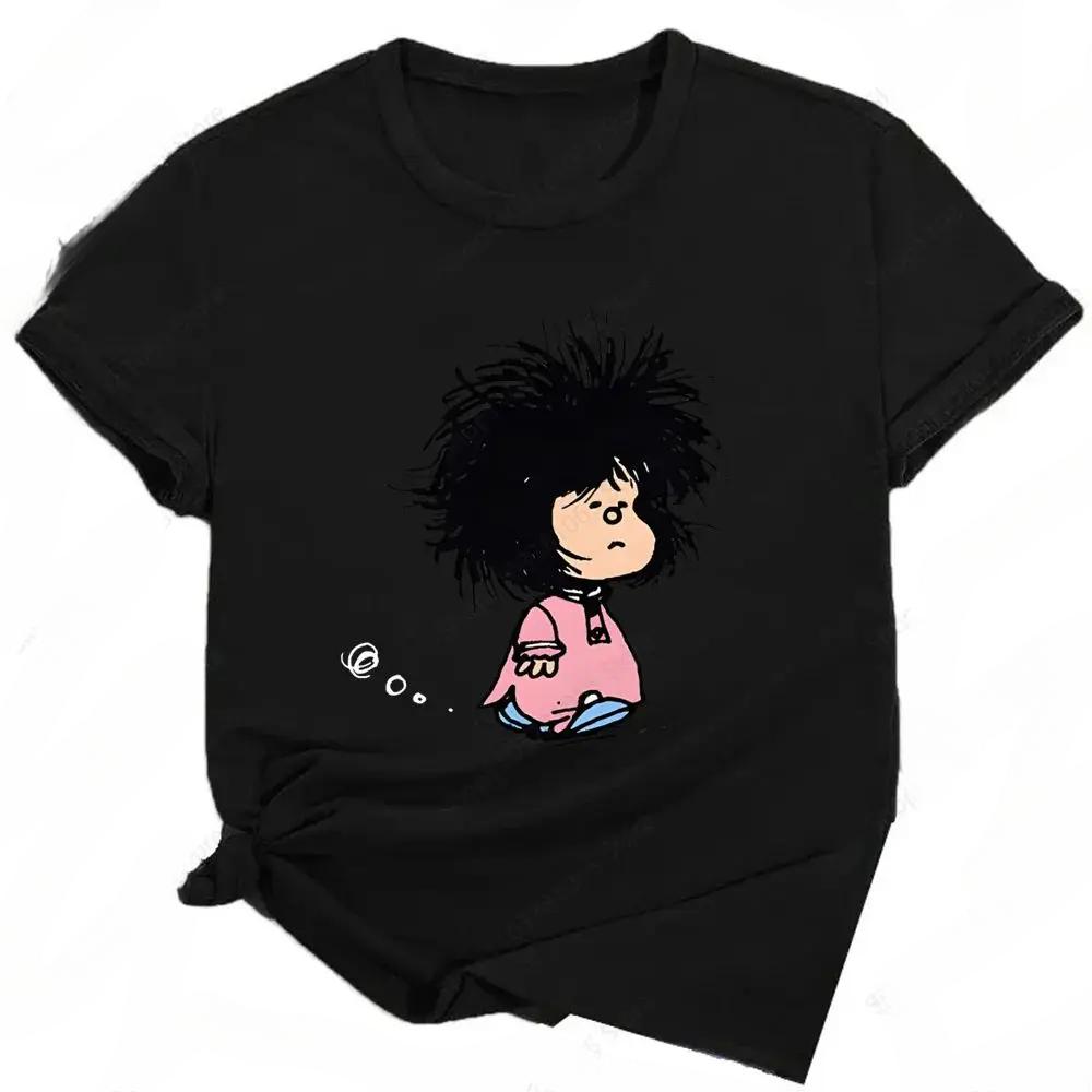 Mafalda Printed Fun Pattern T-shirt for Women Summer Y2K Harajuku Girls Street Dress Cute Cartoon Kawaii Black Women's Wear