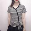 Large Size Women's Clothing Summer New Style Withdrawal Lace-up Short-sleeved Striped T-shirt Foreign Korean Version Thin Top
