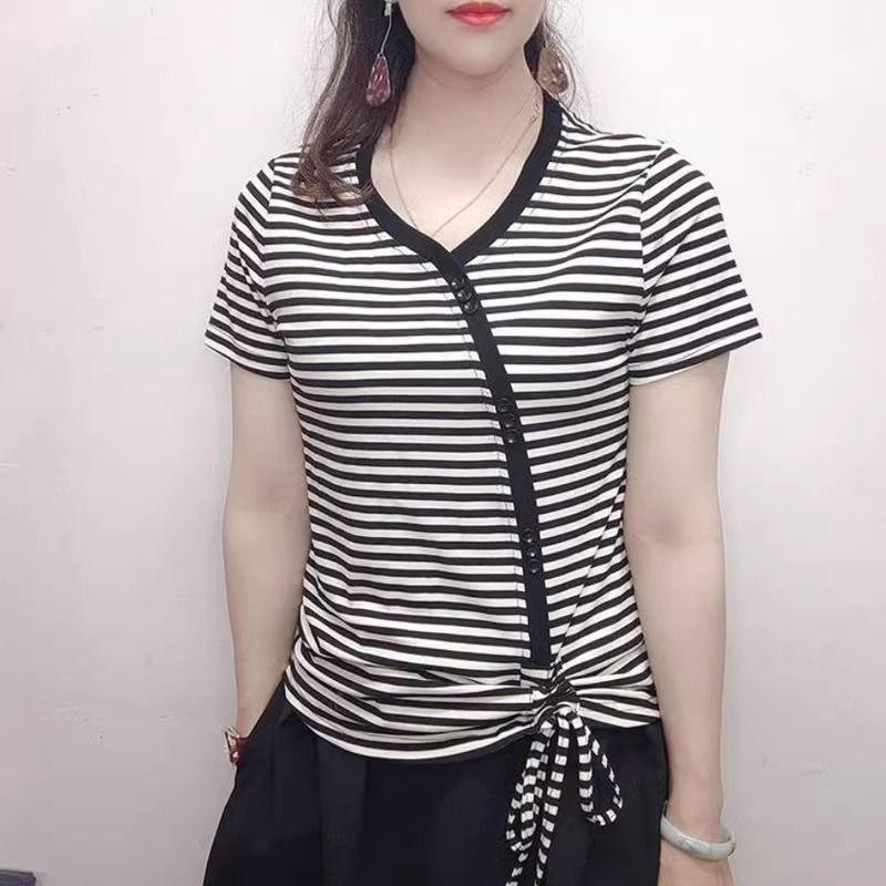 Large Size Women's Clothing Summer New Style Withdrawal Lace-up Short-sleeved Striped T-shirt Foreign Korean Version Thin Top