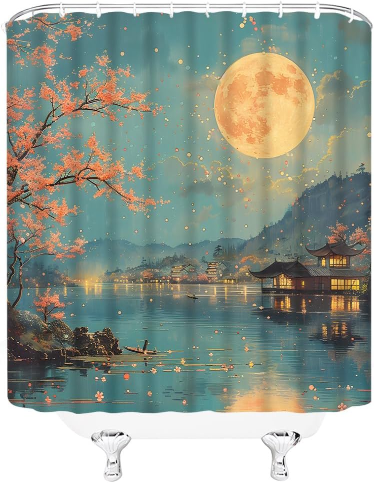 Japanese Cherry Blossom Shower Curtain Full Moon Floral Lake Mountain Wonderland Starry Sky Rustic Asian Anime Watercolor