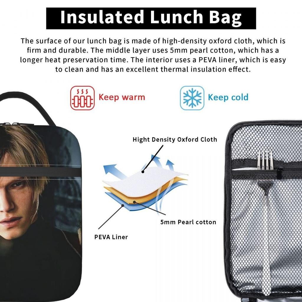 Resident Evils Leon Kennedy Game Insulated Lunch Bag for Women Children Leakproof Food Boxes Thermal Lunch Box Tote