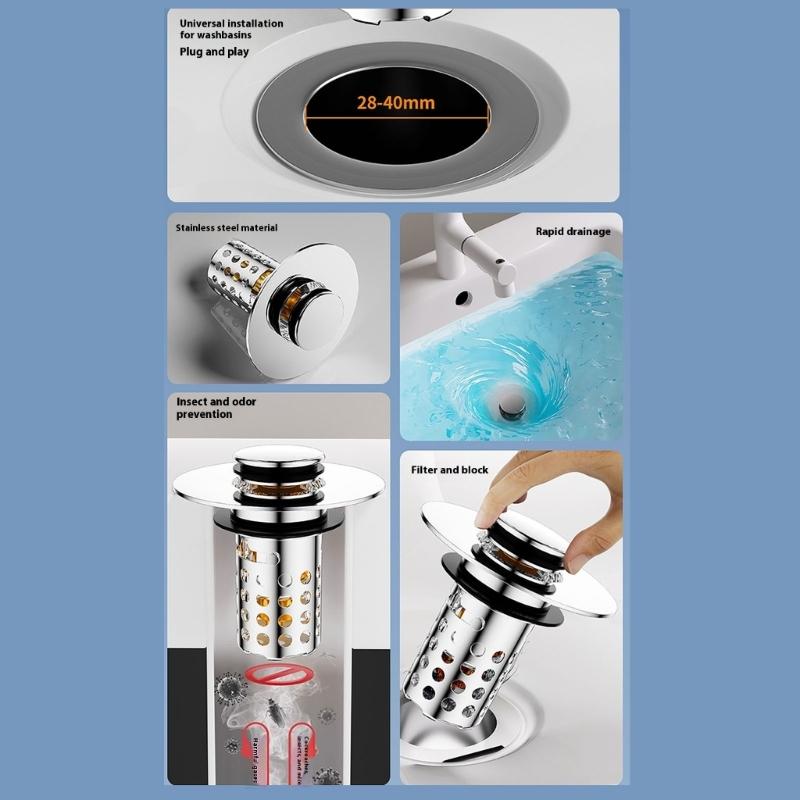 Not Odor Bathroom Sink Drain Filter Push Down Stoppers with Hair Strainer Steel Basin Waste Plugs For Easy Cleaning