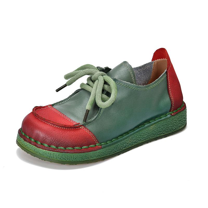 

Take a spring and autumn new fashion color matching retro soft-soled women s single shoes flat-soled Doudou shoes first-layer cowhide lace-up 40