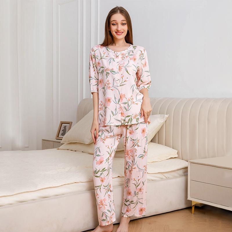 1011 new cotton pajamas women's summer thin five-quarter sleeve trousers loose large size high-end comfortable loungewear