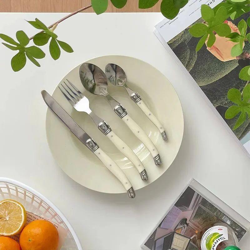 6/24pcs Laguiole Table Flatware Set Off-white Steak Knives Forks Spoons Set Pretty Stainless Steel Cutlery