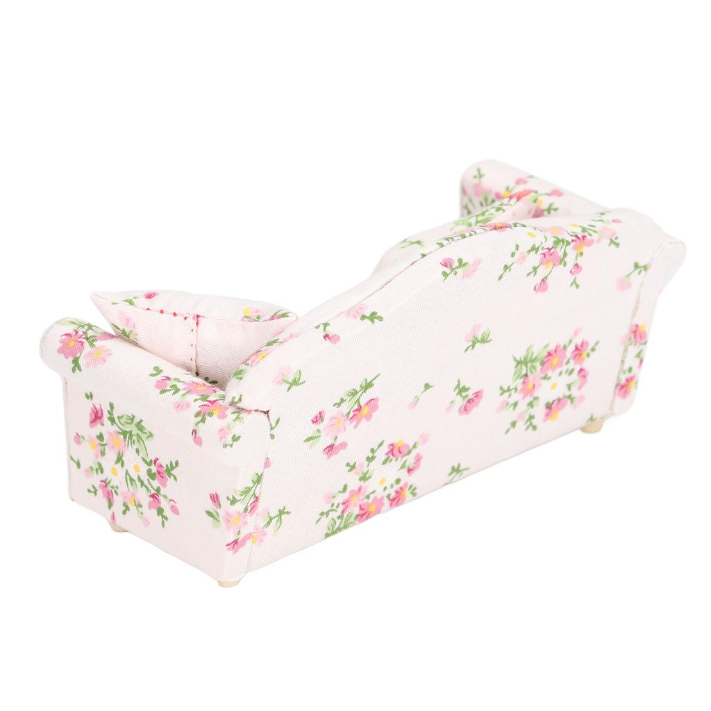 Miniature Sofa 1/12 Scale Pink Green Flower Pattern Birch Wood Dollhouse Double Sofa for Birthdays Gift DIY Game