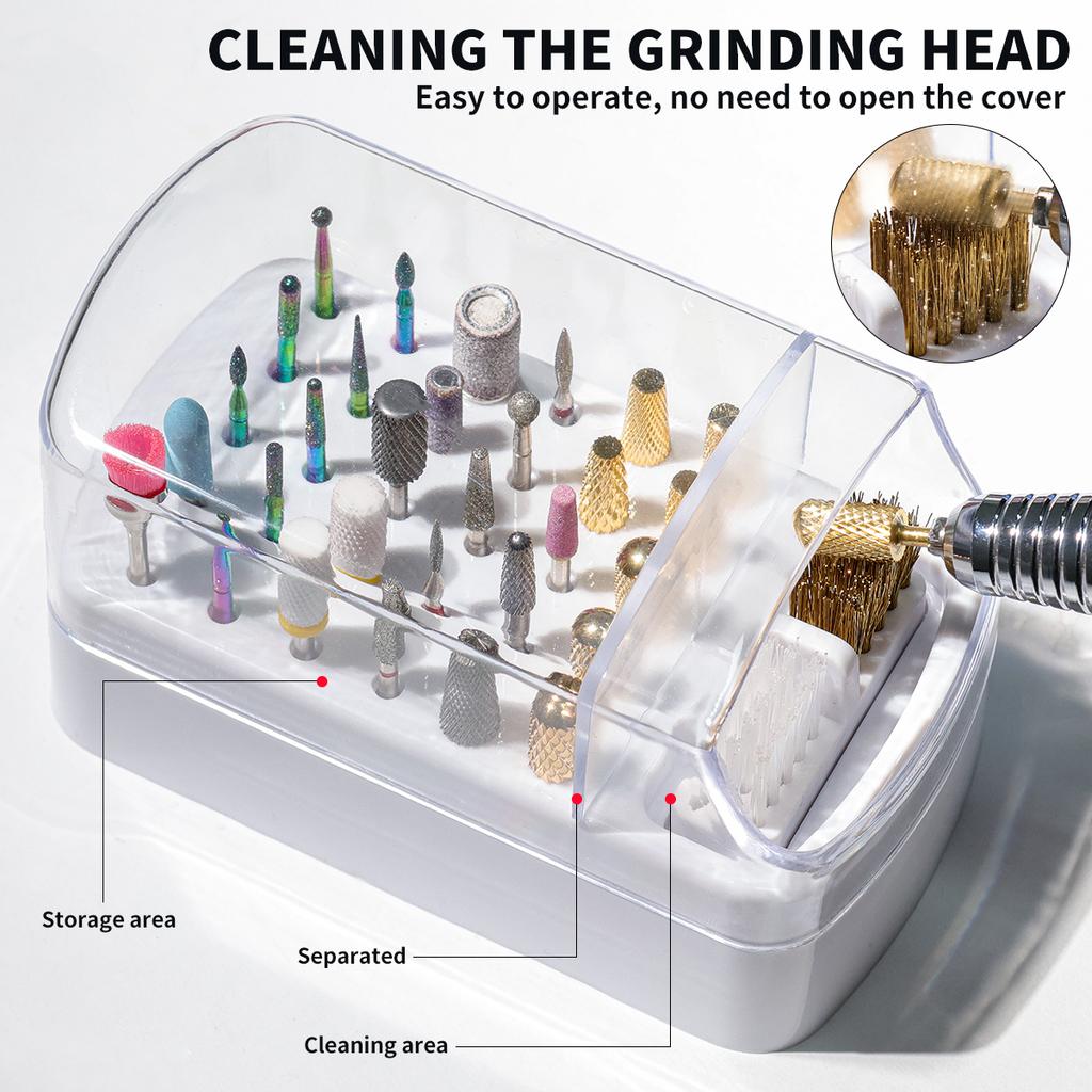 2v1 Hlavička na leštění nehtů Čisticí box na prach 30 otvorů Organizér na hlavičky laků na nehty Akrylový přenosný organizér Prachotěsný