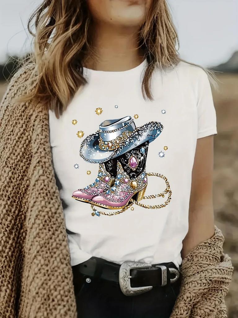 Short-sleeved Western Cowboy Series Printed T-shirt Fashionable and Trendy Casual and Versatile Regular Length for All Seasons