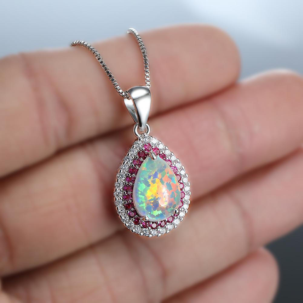 Grande Ciondolo in Pietra a Goccia d'Acqua Collane in Opale di Fuoco Bianco per Donna Catena Color Argento Vintage Zircone Rosso Rosa Blu Gioielli da Matrimonio