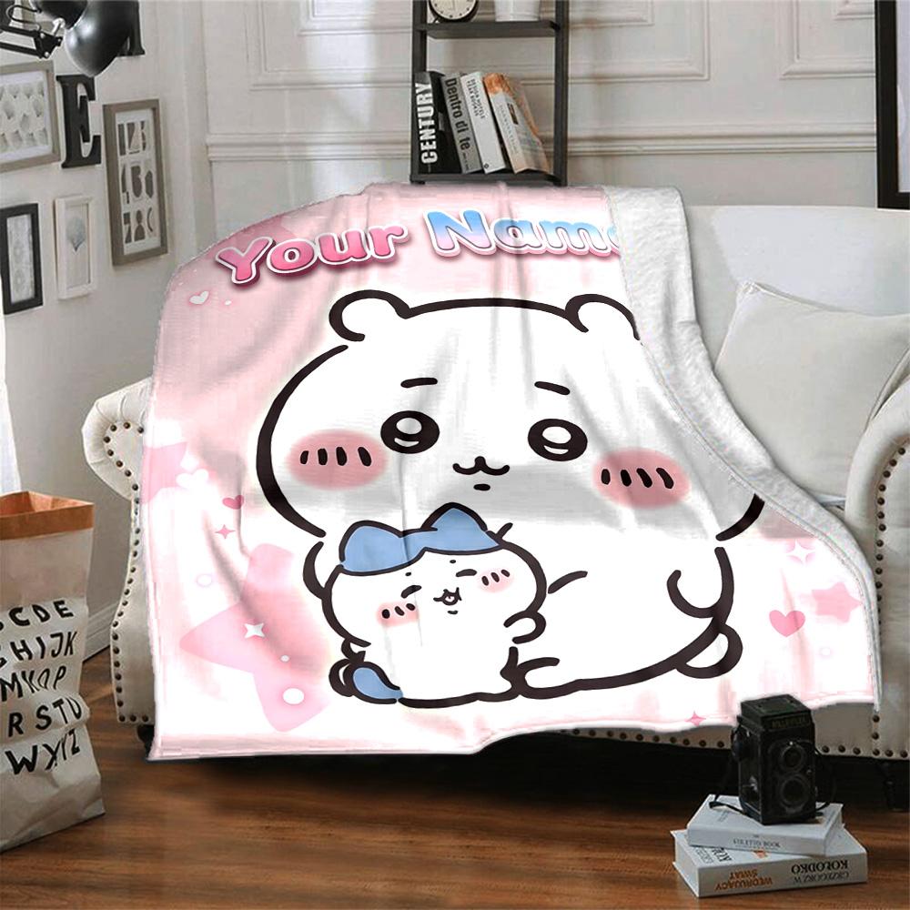 1pc Chiikawa Blanket with Custom Name, Gift, for Men and Women, Soft Blanket, Good for Sofa Bed Couch Travel, Lightweight Flannel Blanket