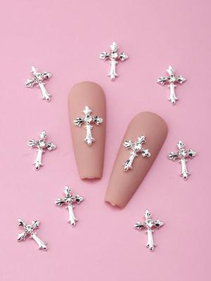 10pcs Cross Nail Charms 3D Alloy Rhinestones for Nail Art, Unscented DIY Nail Decorations, Sparkling Religious Nail Gems for Manicure Accessories