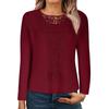 Solid Crew Neck Cut Out T-Shirt Elegant Ribbed Long Sleeve Contrast Lace T-Shirt for Fall & Winter Women's Clothing
