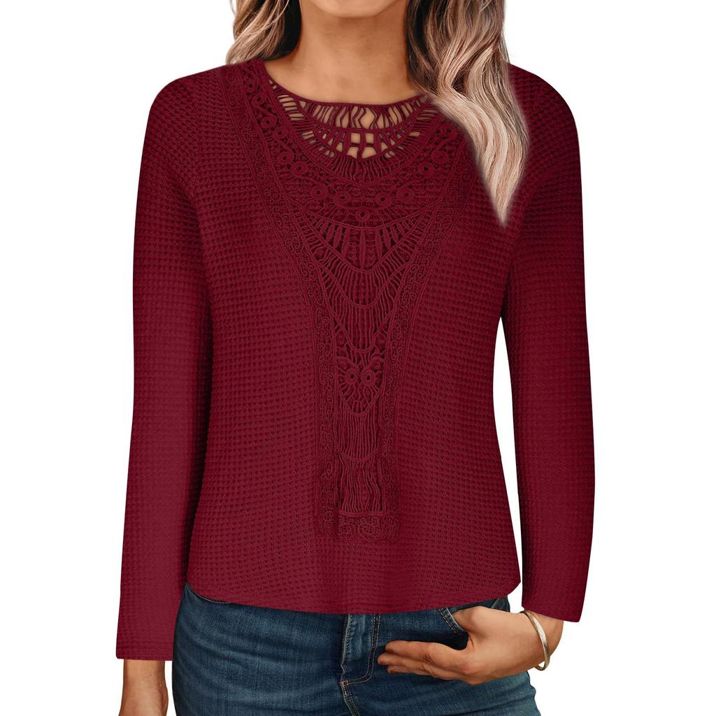 Solid Crew Neck Cut Out T-Shirt Elegant Ribbed Long Sleeve Contrast Lace T-Shirt for Fall & Winter Women's Clothing