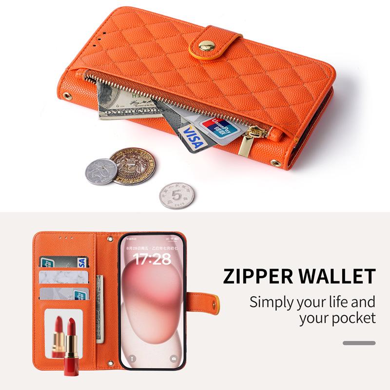 iPhone16e French Style Wallet Case: Card Slot, Zipper, Shoulder & Hand Straps, Crossbody Leather