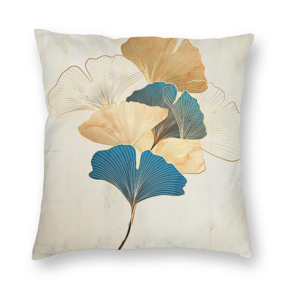 Gingko Leaves Blue Gold Square Pillowcase Polyester Linen Velvet Printed Zip Decor Bed Cushion Cover x