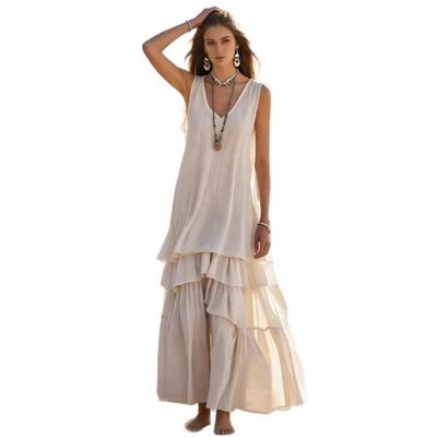 Damen Boho V-Ausschnitt Maxikleid Ärmellos Sommer Strandkleid