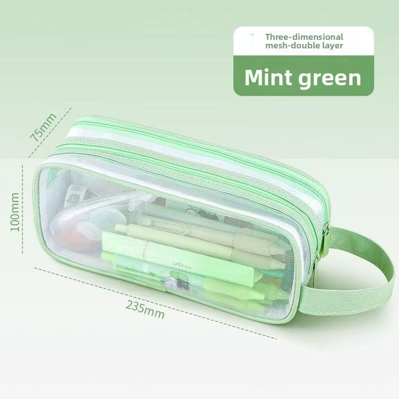 Student Double Layer Mesh Transparent Pencil Case With Large Capacity For School Use