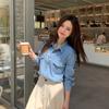 Retro Navy Denim Shirt For Women With Long Sleeves And Pockets For Casual Office Wear
