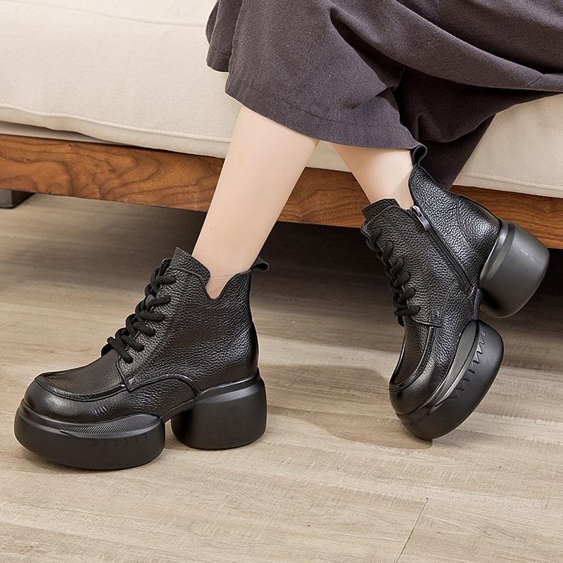 GKTINOO Genuine Leather Women Short Boots 2025 New Autumn Winter Round Toe Handmade Retro Thick Soled Platform Shoes