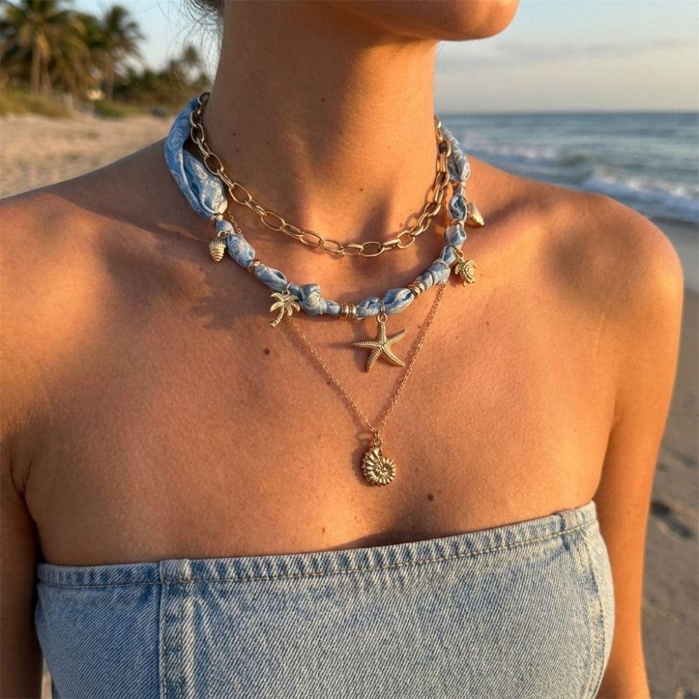 Sea Star Scarf Necklace Seashell Bohemian Style Necklace Trendy Beads Chain Choker Gold Jewelry
