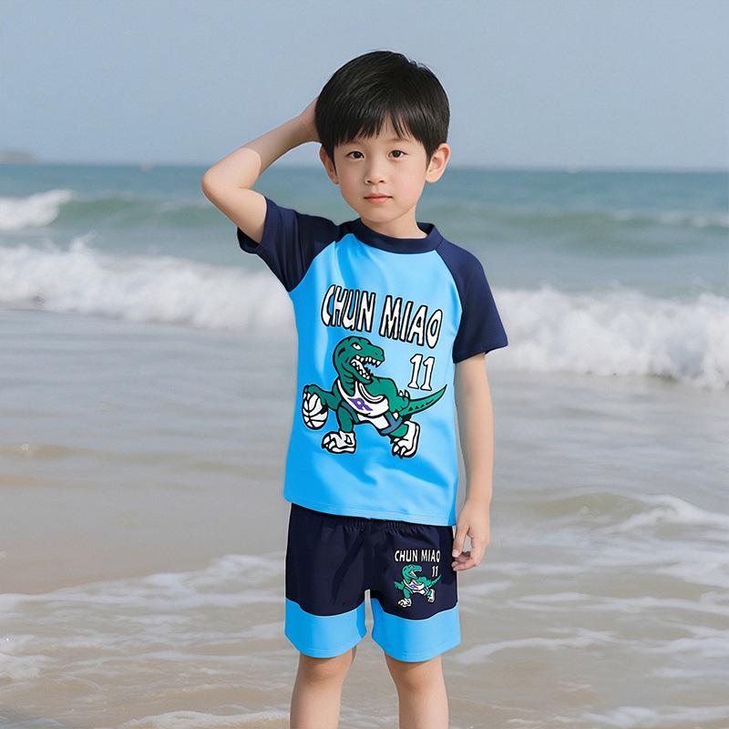Cartoon Boys' Toddler Sun Protection Quick-Dry Swimsuit Set with Swim Cap