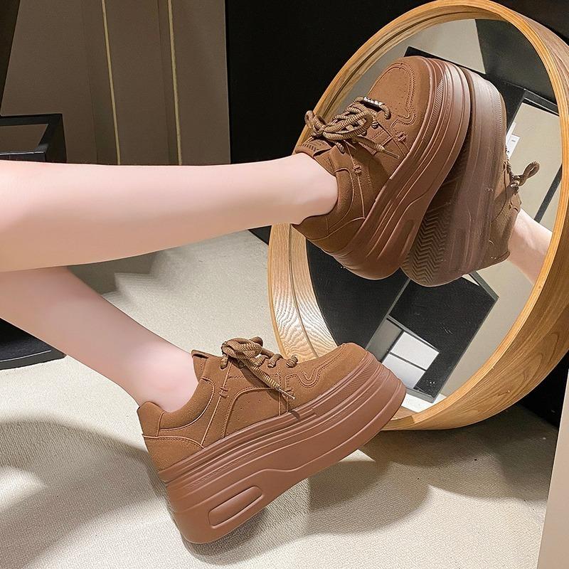 Mote 8CM Dame Lær Sneakers Høst Vår Brun Fritidssko Chunky Sneakers Høy Plattform Sport Skateboard Sko Kvinne