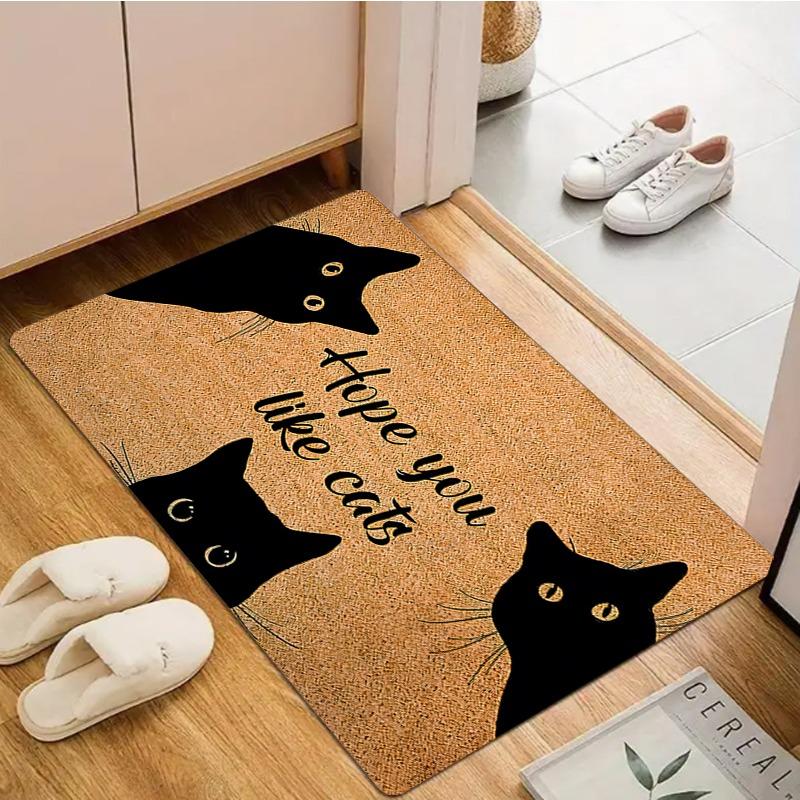 Cute Cat Welcome Door Mat Funny Cartoon Black Cat Letter Print Design Entryway Rug Soft Non-slip Entrance Carpet for Front Door