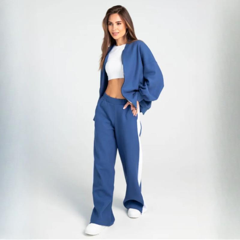 Women's Autumn 2-Piece Sportswear Set - Casual Long Sleeve Zip-Up Baseball Jacket & Solid Color Trousers