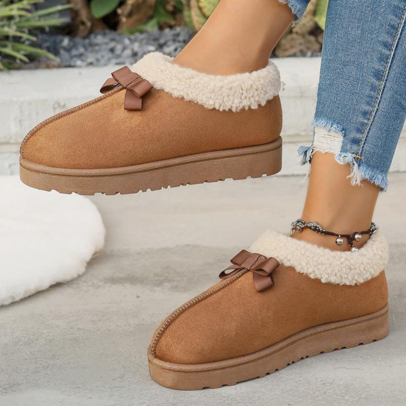 Autumn and Winter New Round Head Bow Cover Foot Wool Cotton Shoes Women's Cross-border Warm and Velvet Short Snow Boots