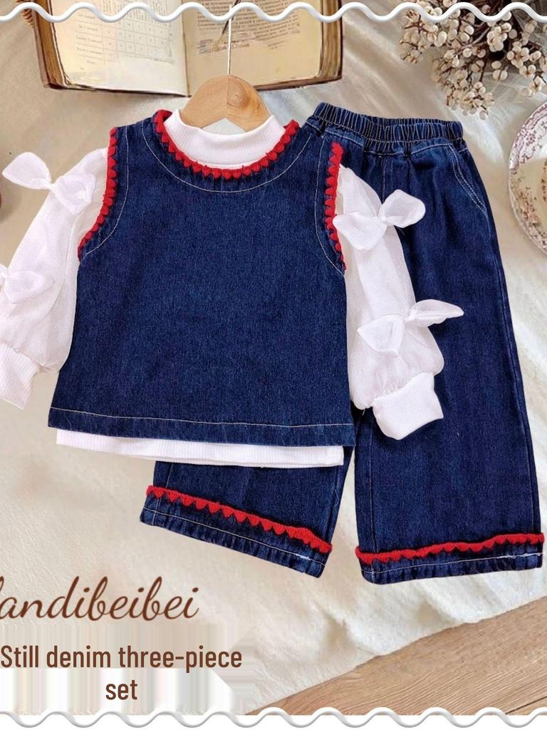 New Girls' Stylish Korean Spring/Autumn Denim 3-Piece Set