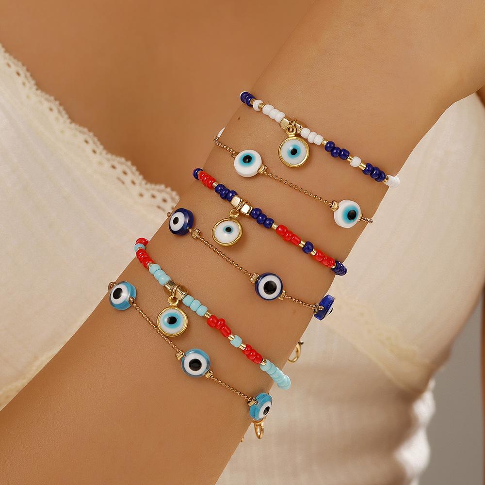 Bohemian Beaded Bracelet Set of 7 with Seed Beads and Heart Charm Stackable Ethnic Jewelry for Women