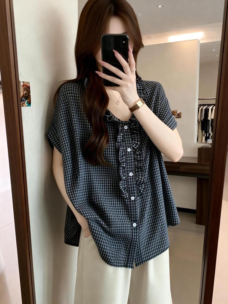 2026 Summer Plus Size Slimming French Petal Collar Shirt for Women