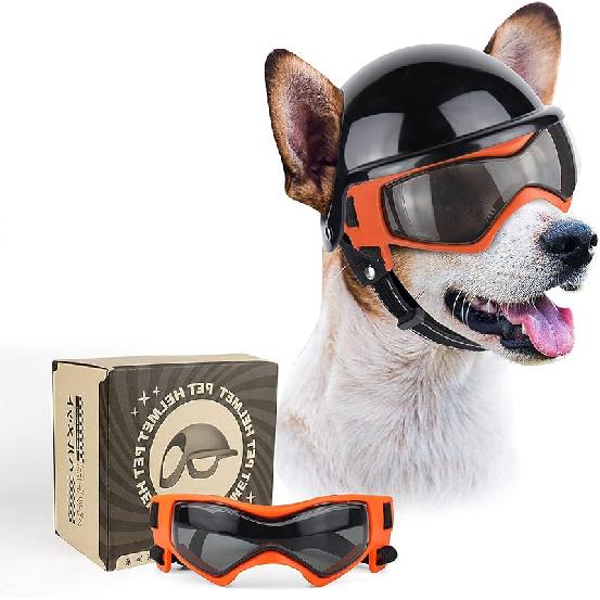 PETLESO Dog Goggles for Small Dogs with Helmet, 2pcs Dog Sunglasses and Dog Helmet Set for Small Medium Dog Outdoor Driving Walking, Black