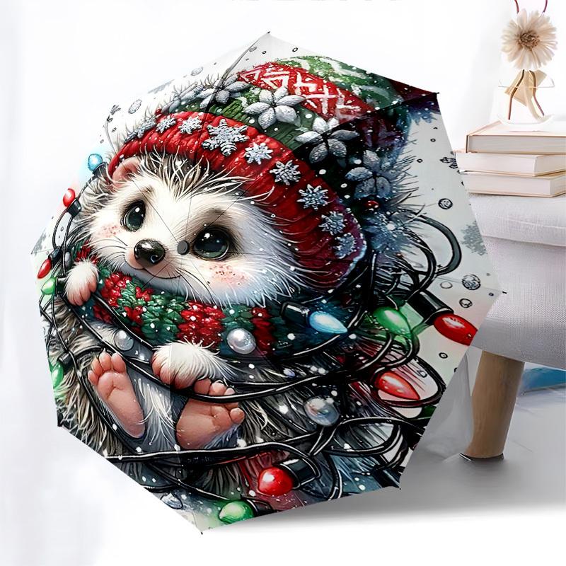 

1pc Christmas Hedgehog with Festive Lights, Auto Open Close Umbrella, Portable 3-Fold Design, 8-Bone Iron Frame, Outdoor Umbrella, Holiday Gift for Fa