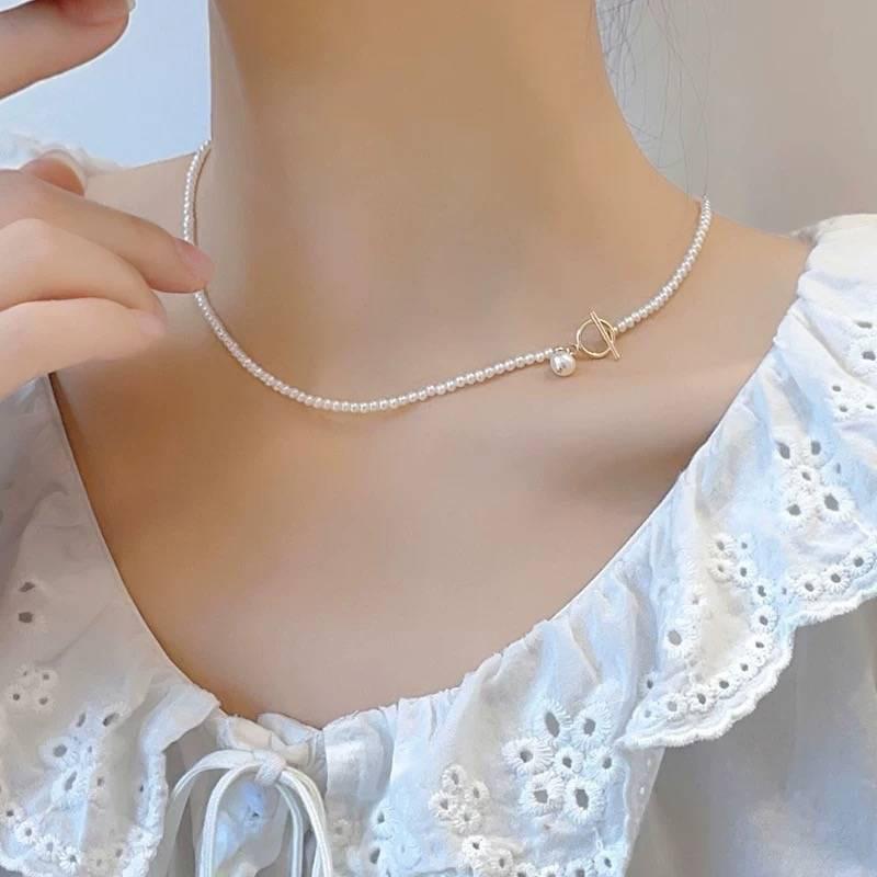 Shijia Extremely Fine Bead OT Buckle Necklace Women's Light Luxury Niche Highlight Glass Imitation Pearl Clavicle Chain Temperament Neck Chain