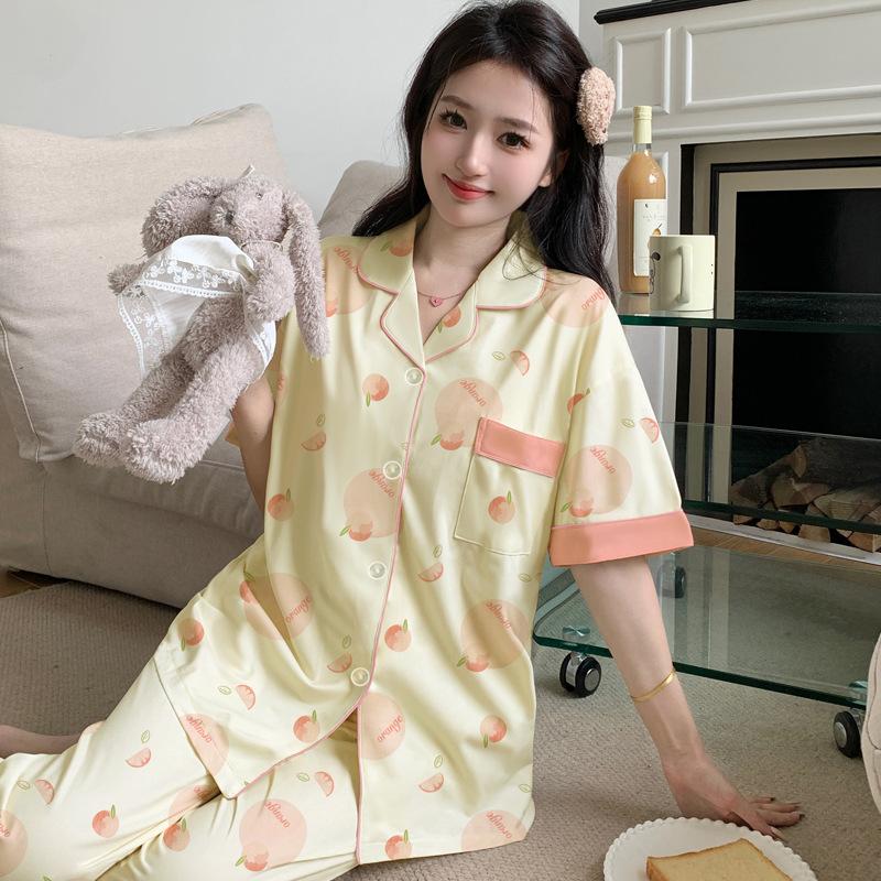 Peach print large size pajamas women's summer new imitation cotton short-sleeved trousers medium mother loungewear